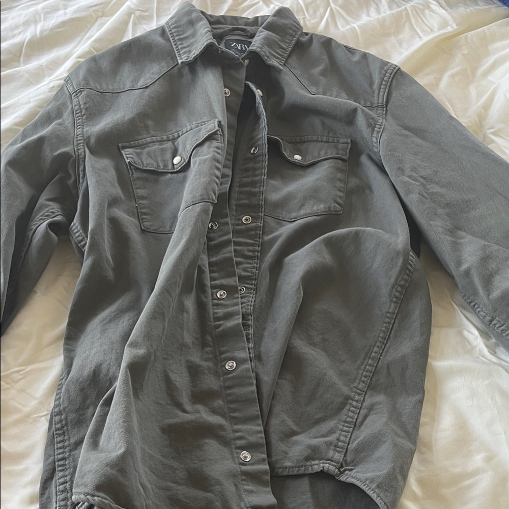 Zara Khaki Green Casual Denim Shirt